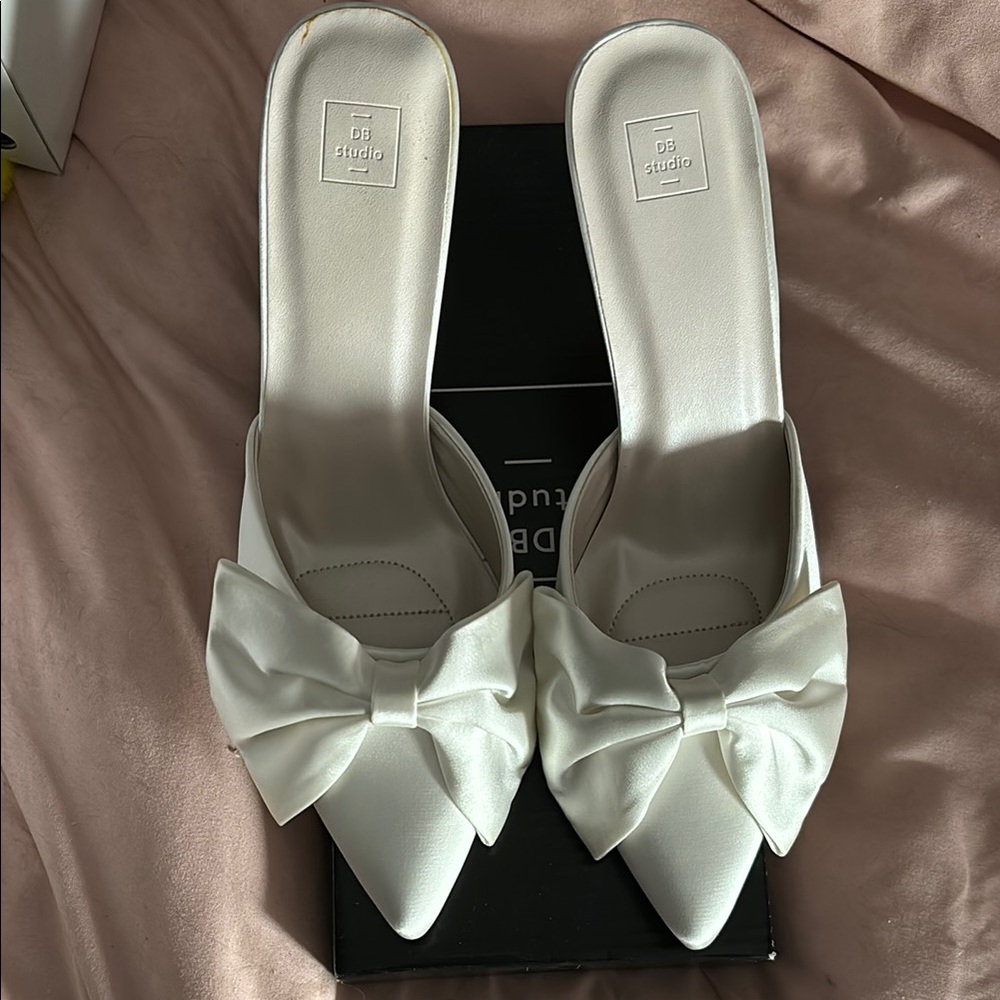 Ivory Heeled Mules with Bow Detail